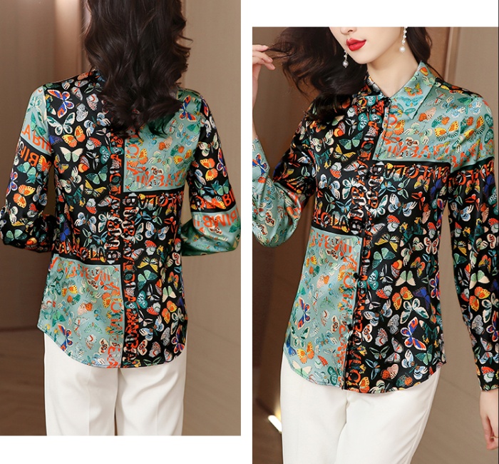 Printing real silk shirt long sleeve tops for women