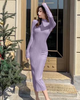 Long sleeve all-match sweater dress exceed knee dress