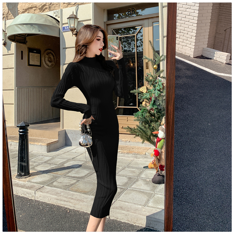 Long sleeve all-match sweater dress exceed knee dress