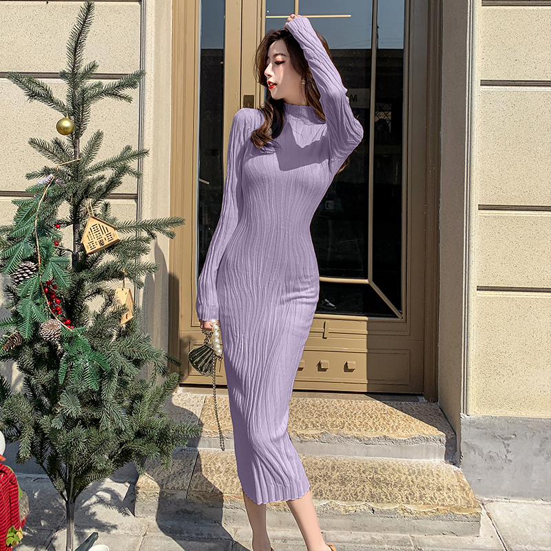 Long sleeve all-match sweater dress exceed knee dress