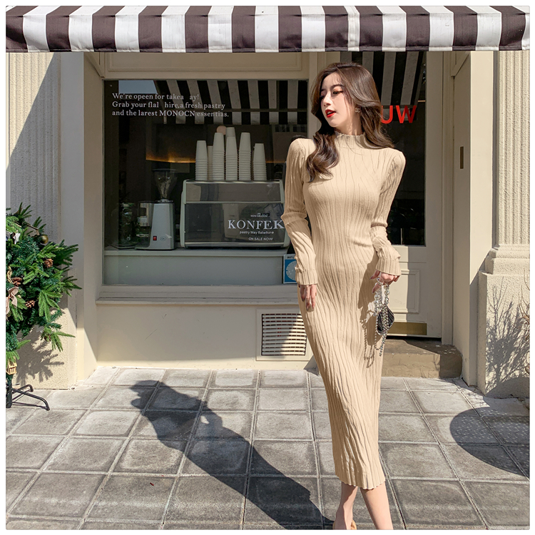 Long sleeve all-match sweater dress exceed knee dress