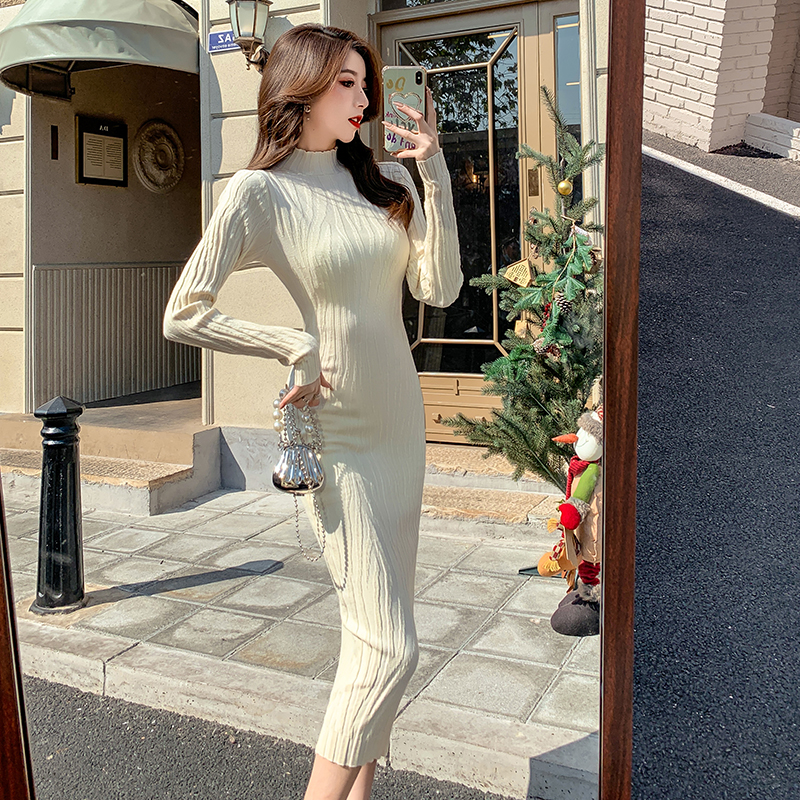 Long sleeve all-match sweater dress exceed knee dress