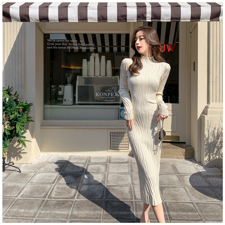 Long sleeve all-match sweater dress exceed knee dress