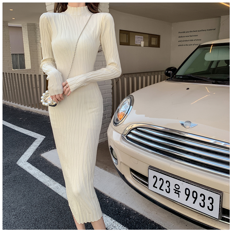 Long sleeve all-match sweater dress exceed knee dress