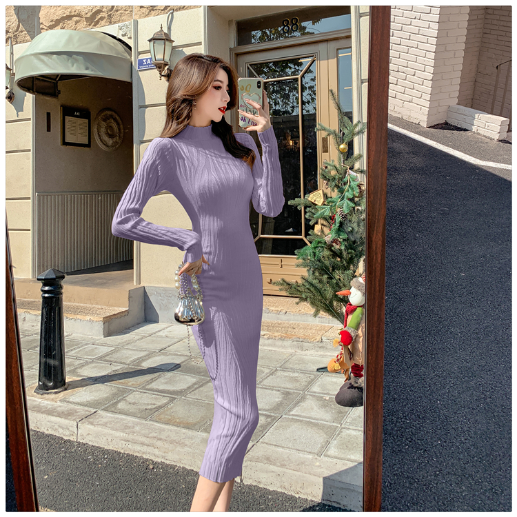 Long sleeve all-match sweater dress exceed knee dress