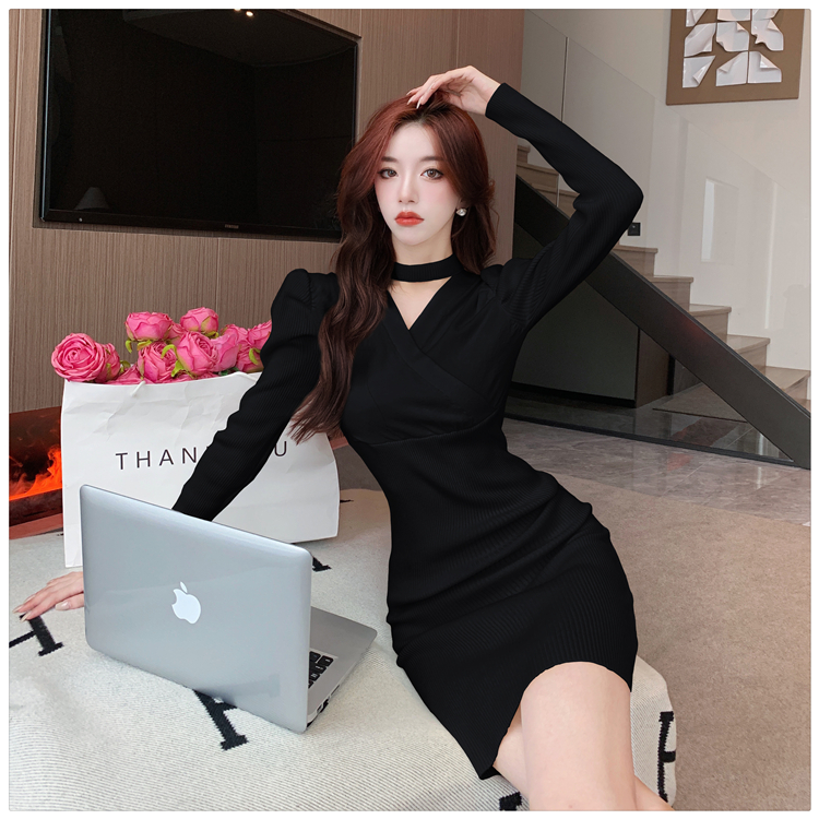 Halter enticement dress puff sleeve knitted sweater dress