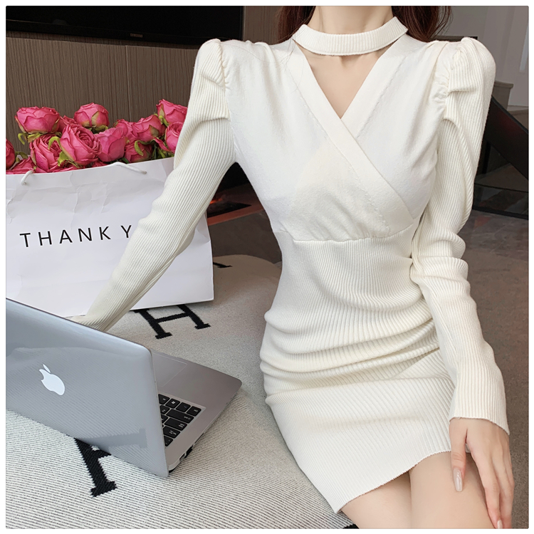 Halter enticement dress puff sleeve knitted sweater dress