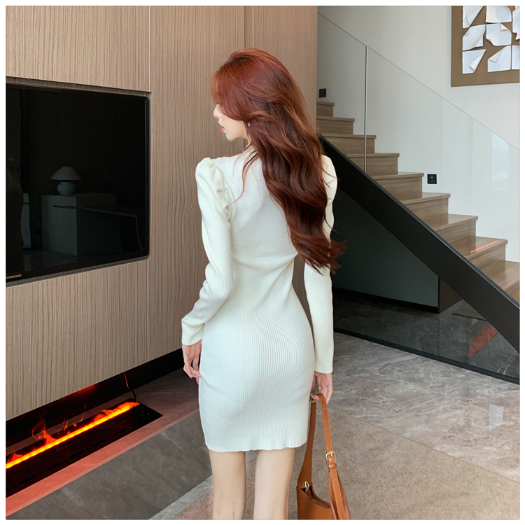 Halter enticement dress puff sleeve knitted sweater dress