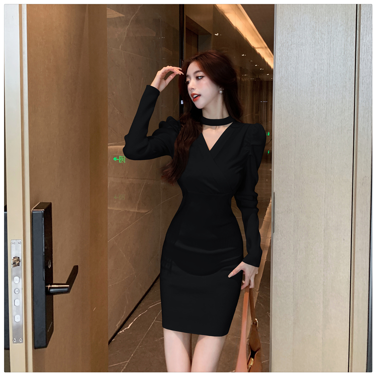 Halter enticement dress puff sleeve knitted sweater dress