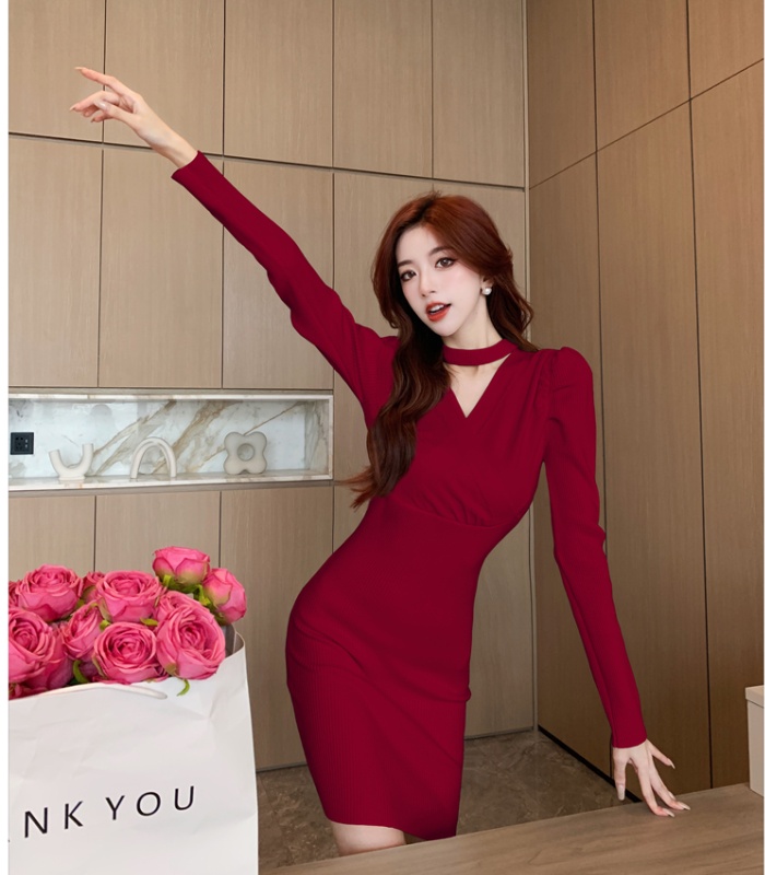 Halter enticement dress puff sleeve knitted sweater dress