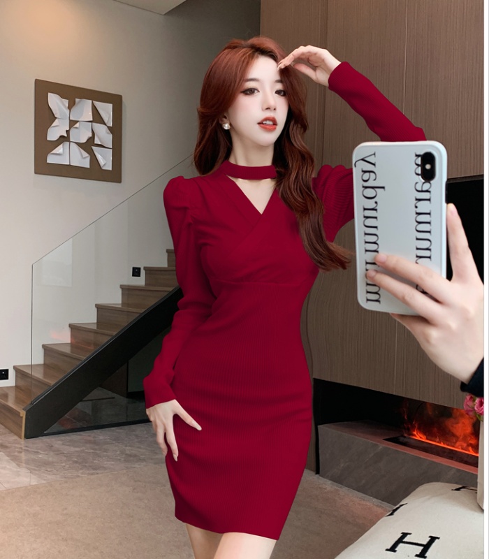 Halter enticement dress puff sleeve knitted sweater dress