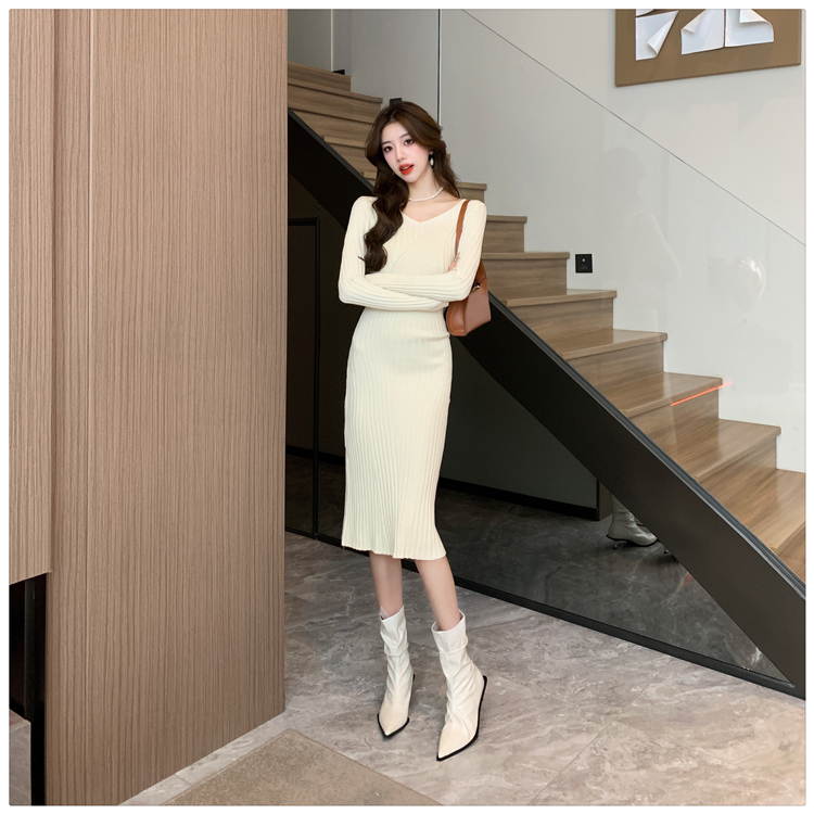 Autumn knitted retro Korean style slim dress