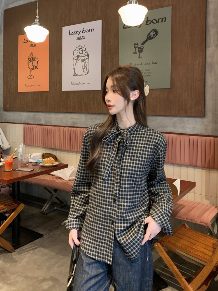 Plaid autumn and winter tops frenum collar shirt