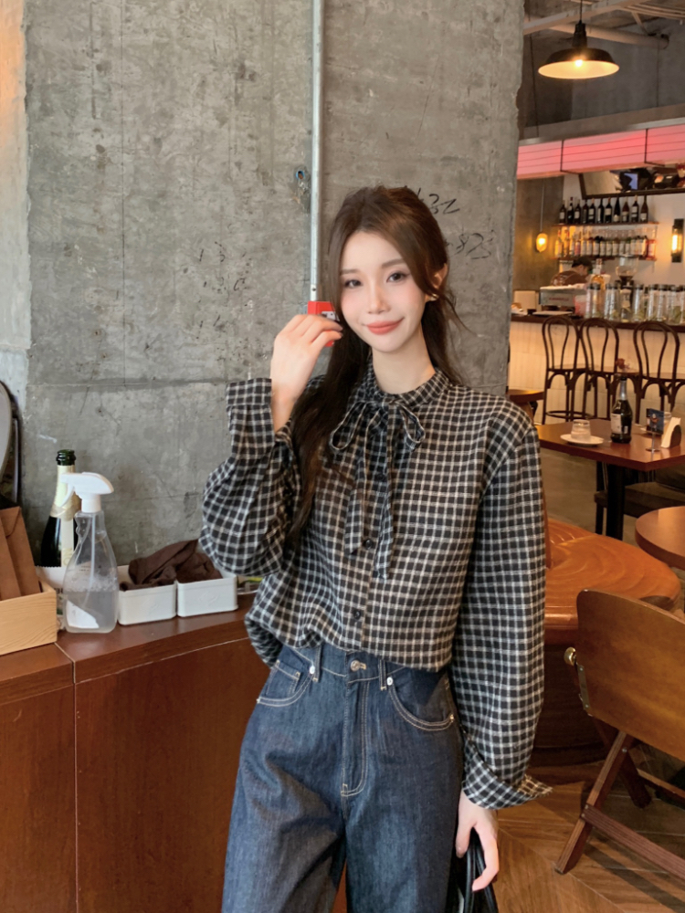 Plaid autumn and winter tops frenum collar shirt