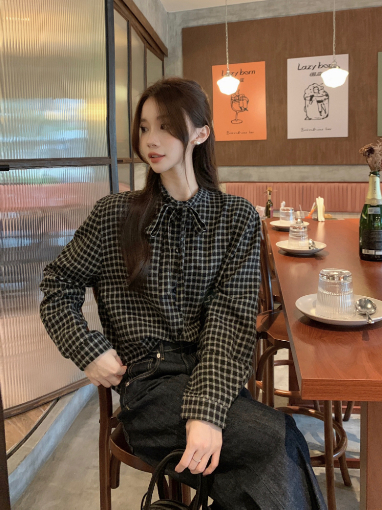 Plaid autumn and winter tops frenum collar shirt