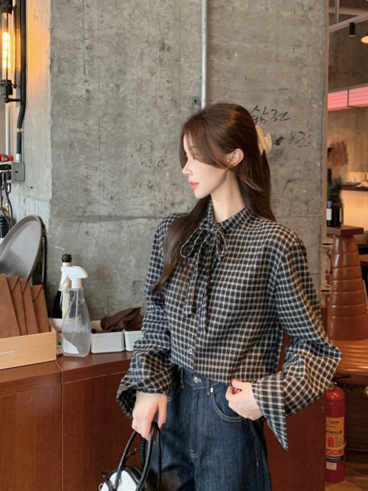 Plaid autumn and winter tops frenum collar shirt