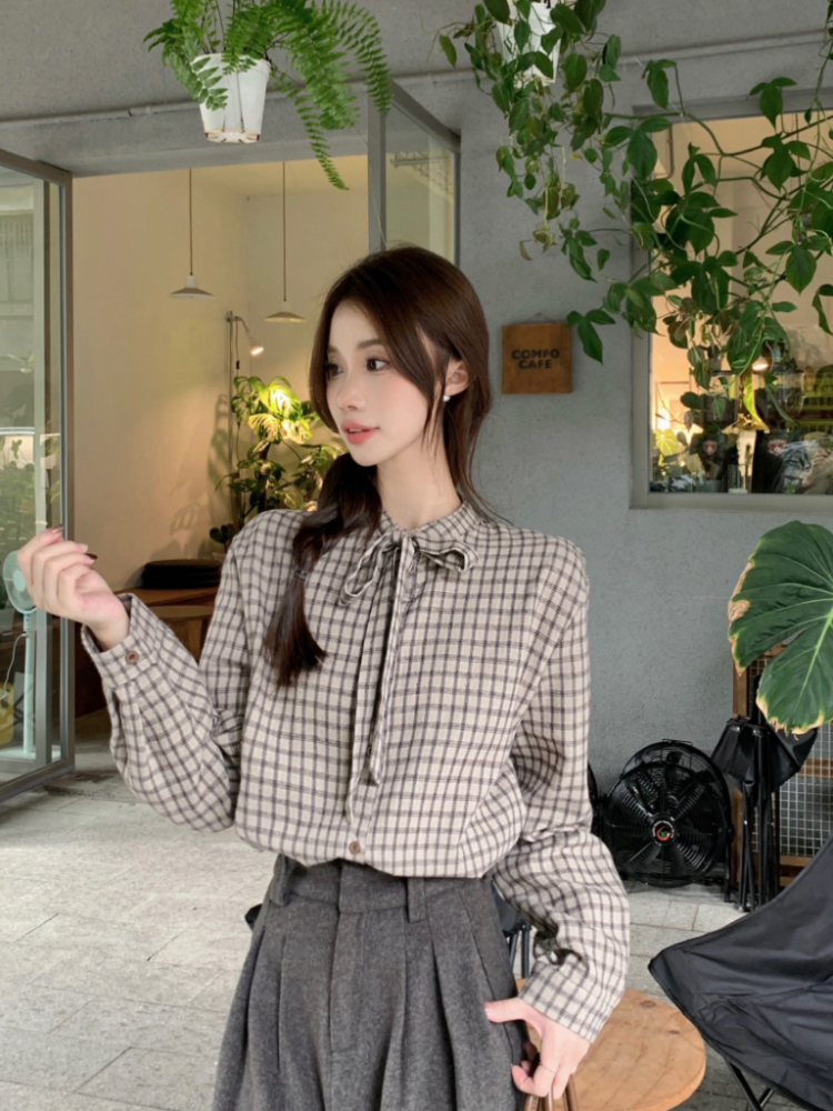 Plaid autumn and winter tops frenum collar shirt