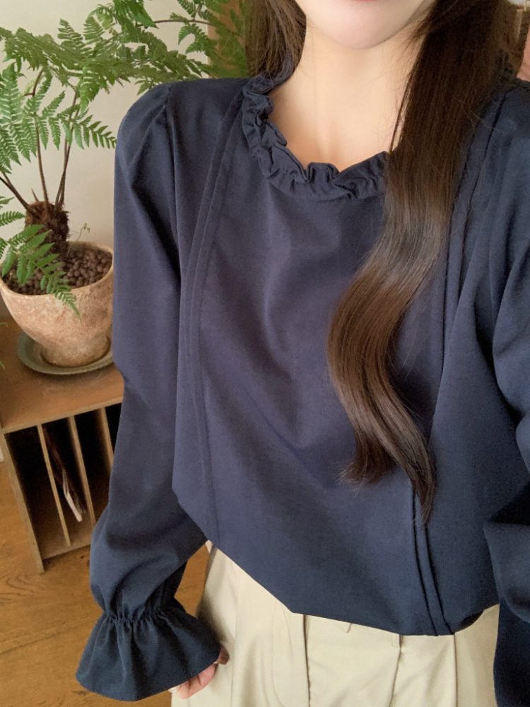 Crimp simple France style shirt wood ear Korean style tops