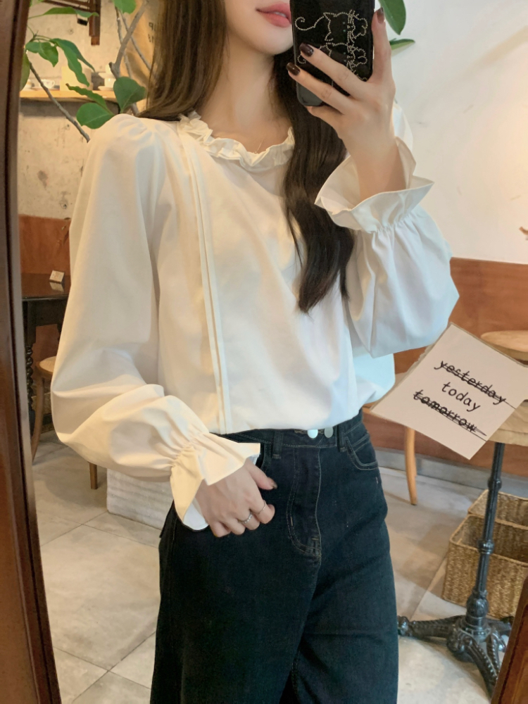 Crimp simple France style shirt wood ear Korean style tops