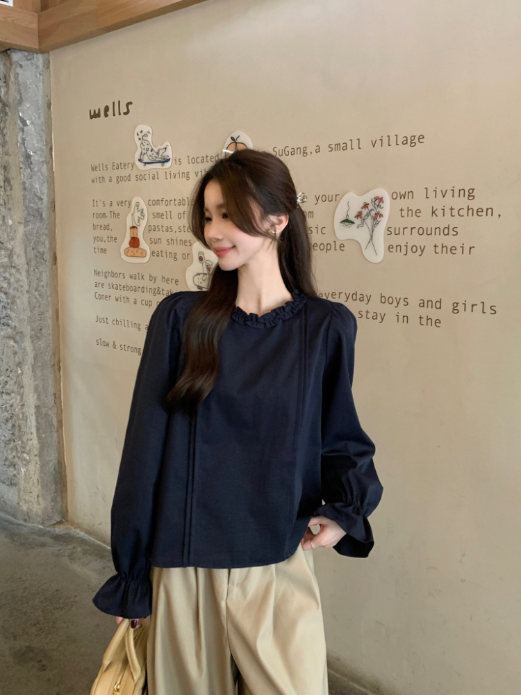 Crimp simple France style shirt wood ear Korean style tops