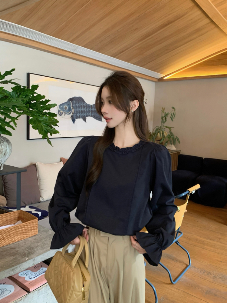 Crimp simple France style shirt wood ear Korean style tops