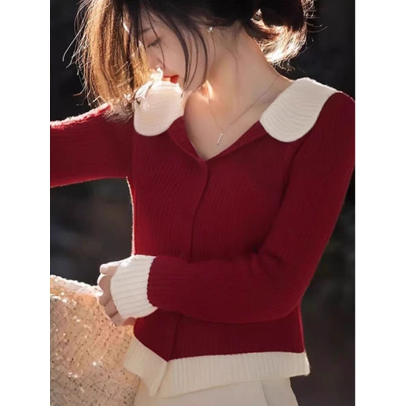 Mixed colors autumn cardigan lapel tops for women