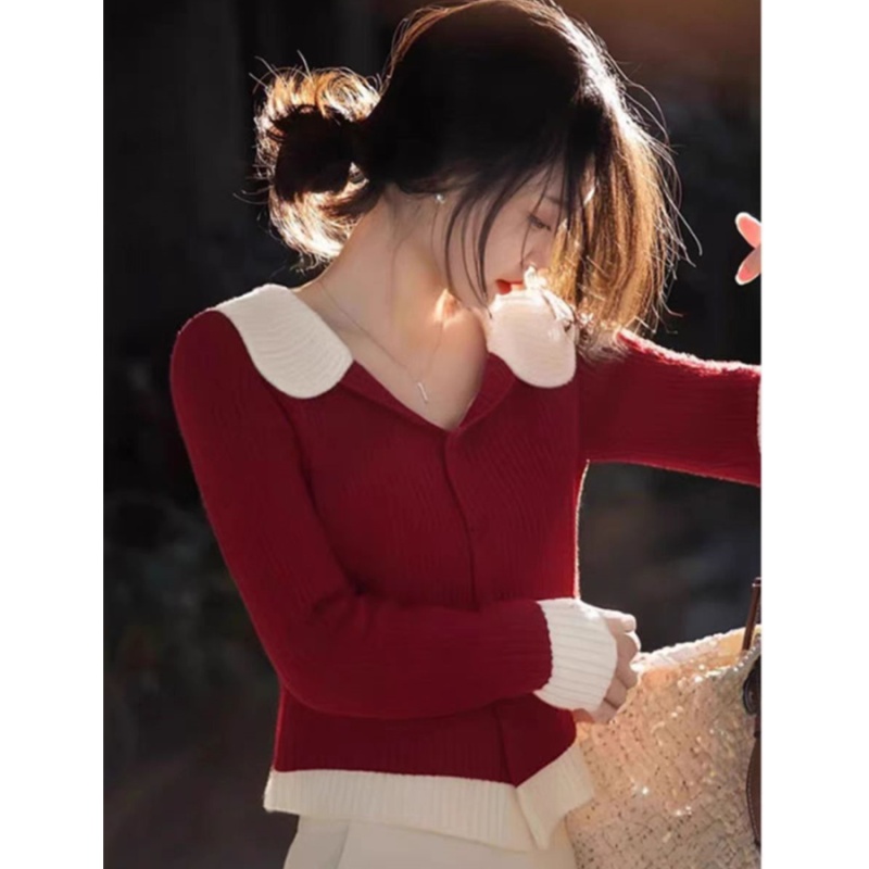 Mixed colors autumn cardigan lapel tops for women