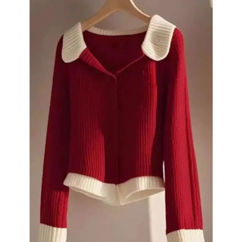 Mixed colors autumn cardigan lapel tops for women