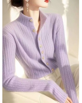 Purple knitted high collar cardigan for women