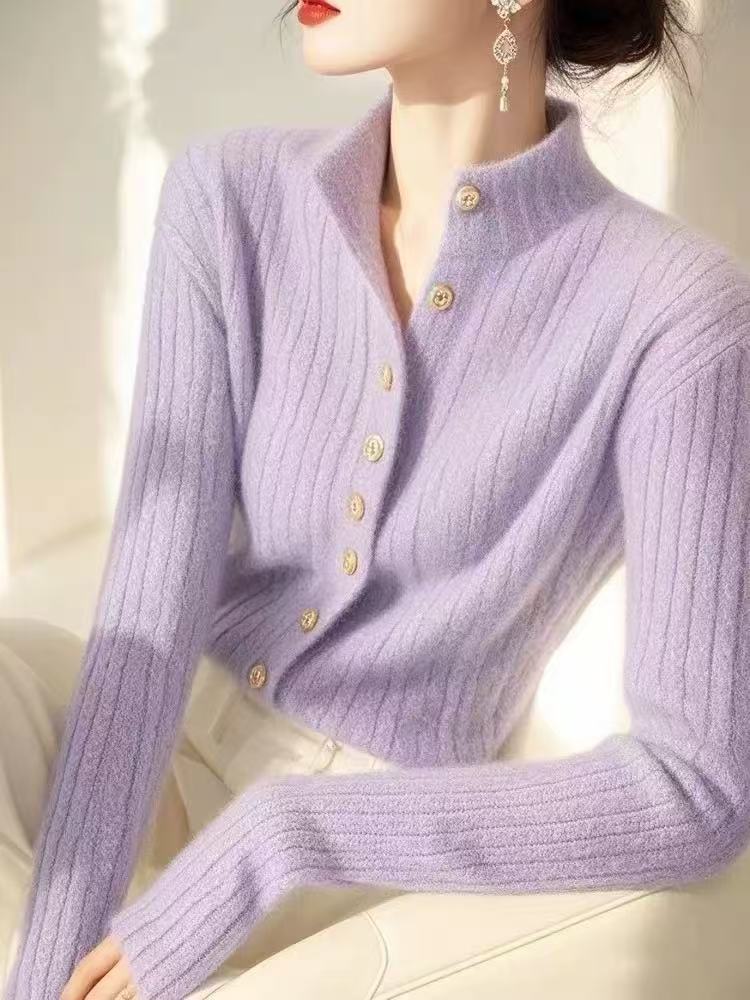 Purple knitted high collar cardigan for women