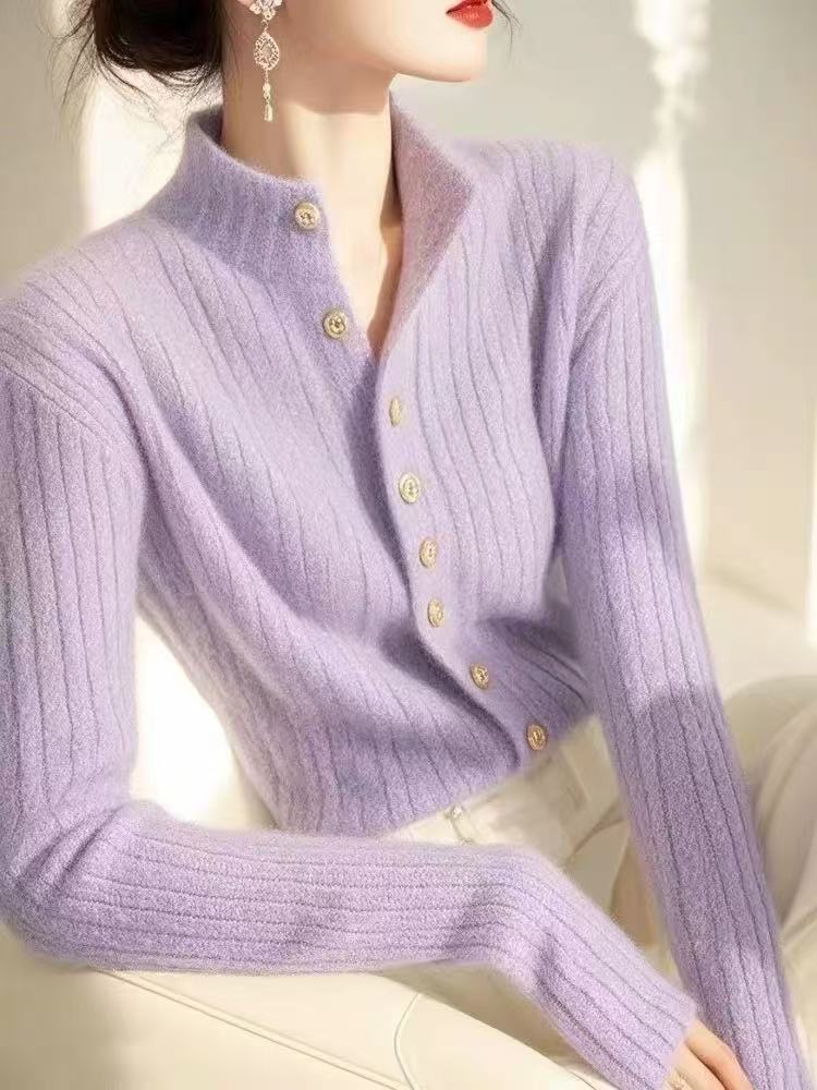 Purple knitted high collar cardigan for women