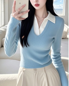 Long sleeve unique sweater Pseudo-two bottoming shirt for women