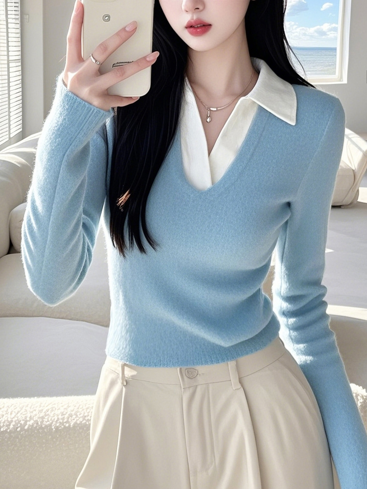 Long sleeve unique sweater Pseudo-two bottoming shirt for women