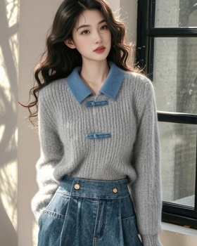 Gray Chinese style knitted lazy sweater for women