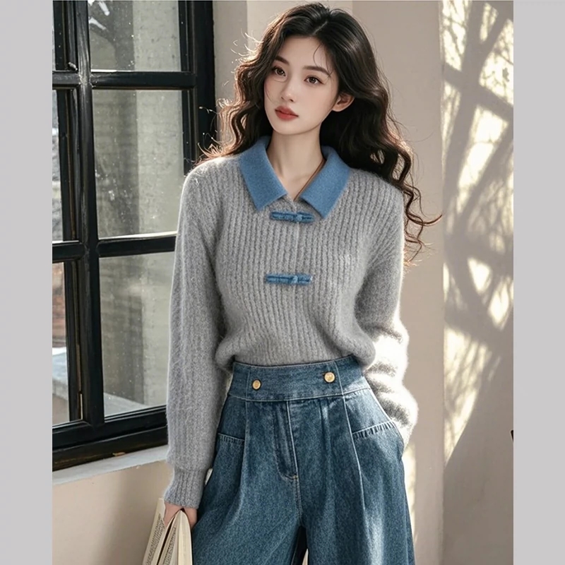 Gray Chinese style knitted lazy sweater for women