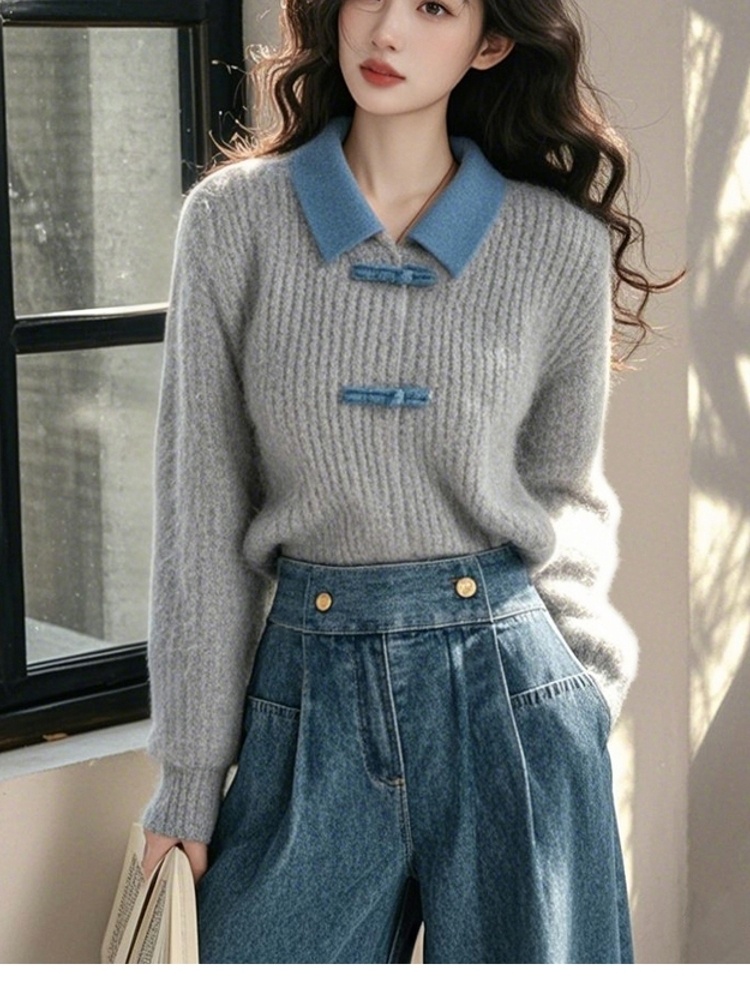 Gray Chinese style knitted lazy sweater for women