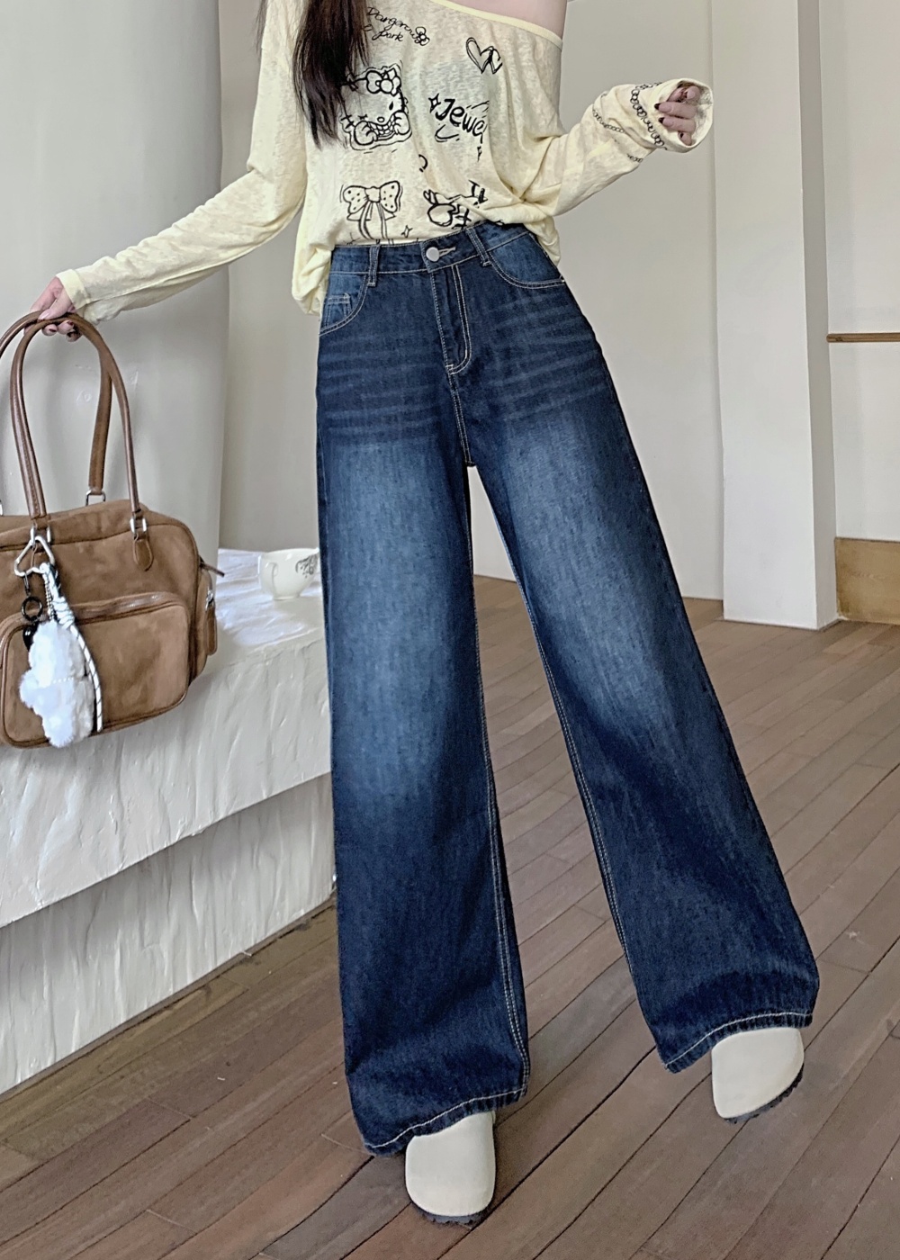 Deep color loose jeans American style pants for women