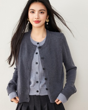 Round neck knitted tops splice cardigan for women