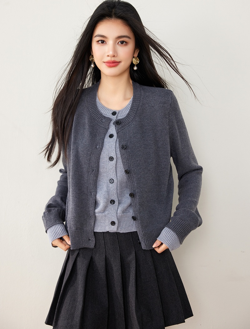 Round neck knitted tops splice cardigan for women