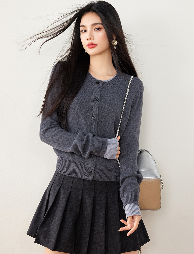 Round neck knitted tops splice cardigan for women