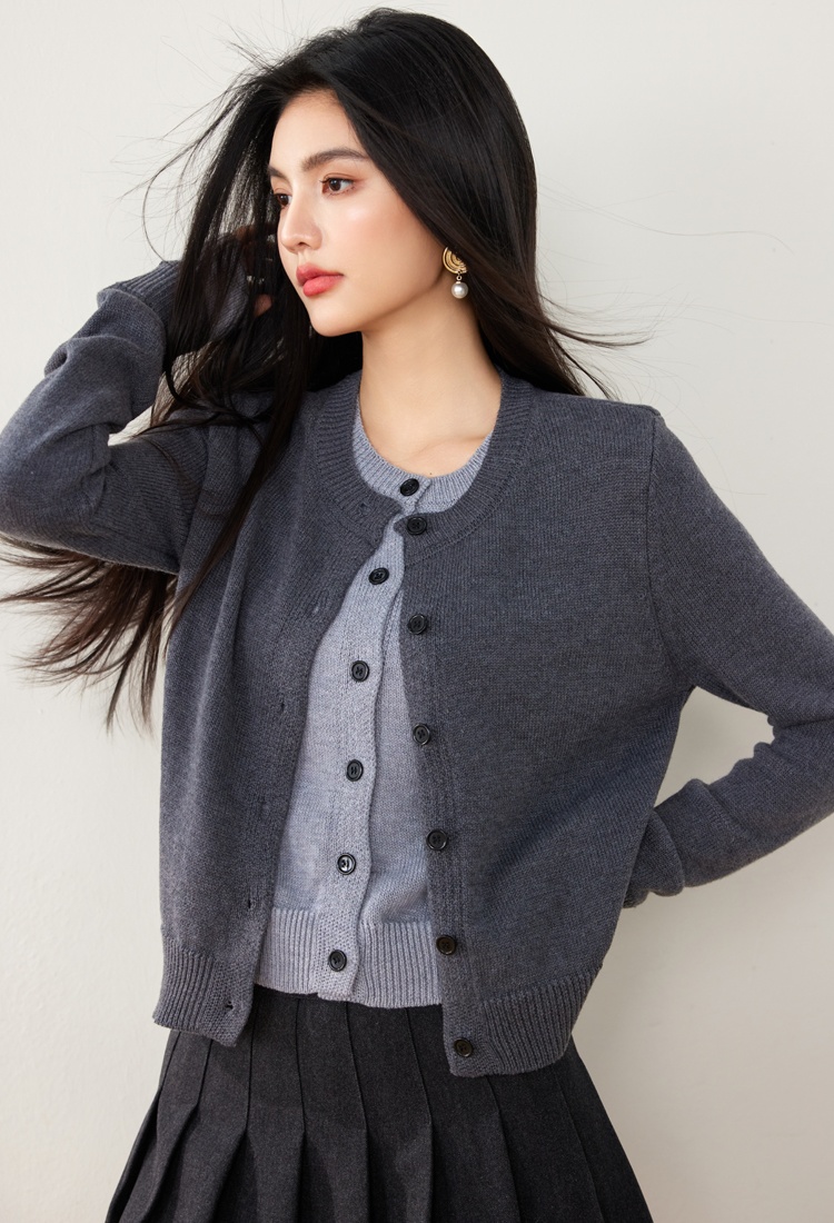 Round neck knitted tops splice cardigan for women