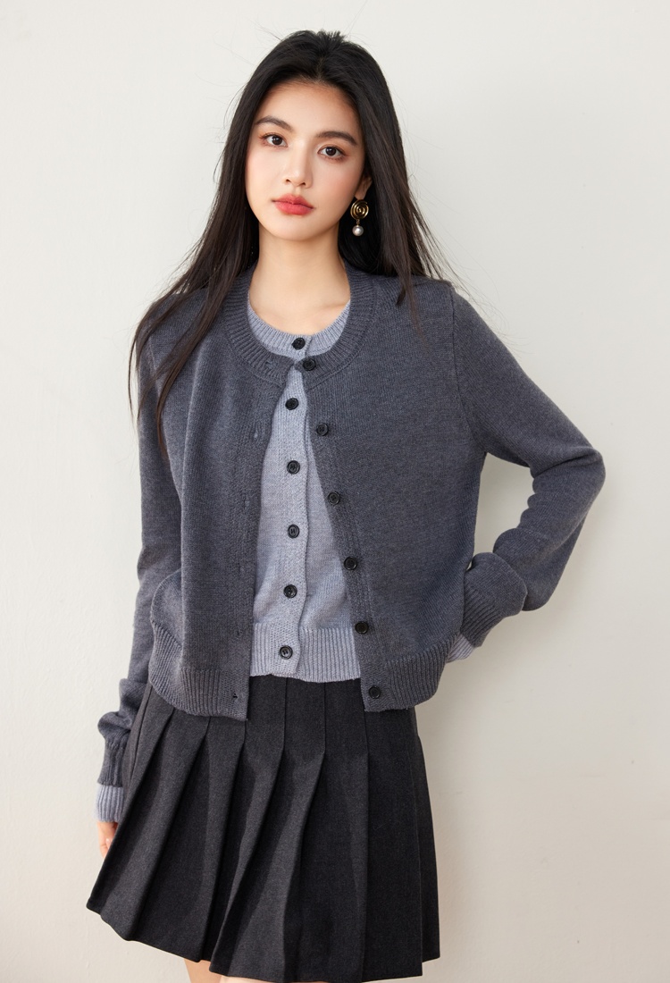 Round neck knitted tops splice cardigan for women