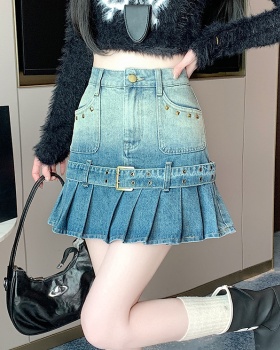 A-line short retro denim skirt pleated spicegirl skirt