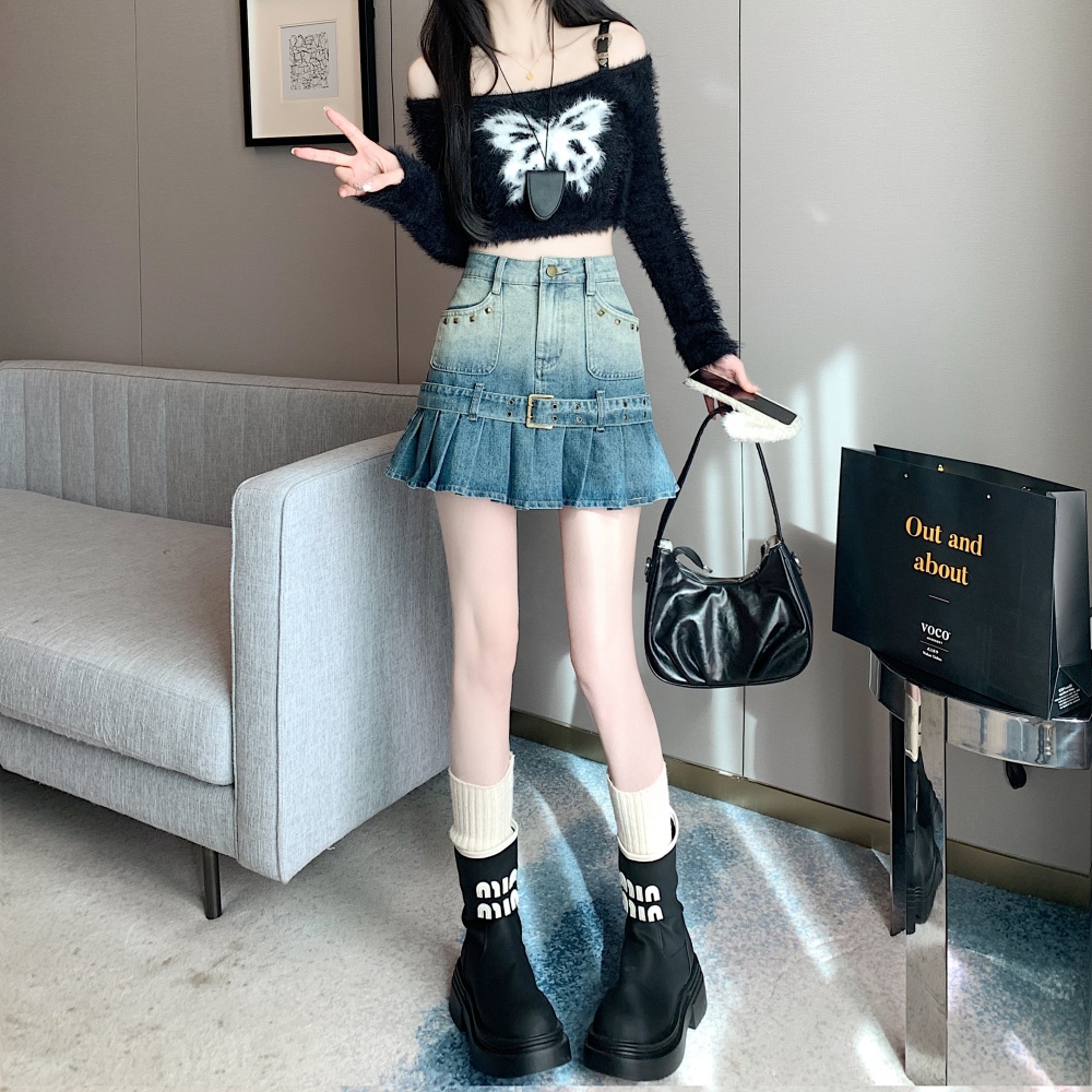 A-line short retro denim skirt pleated spicegirl skirt