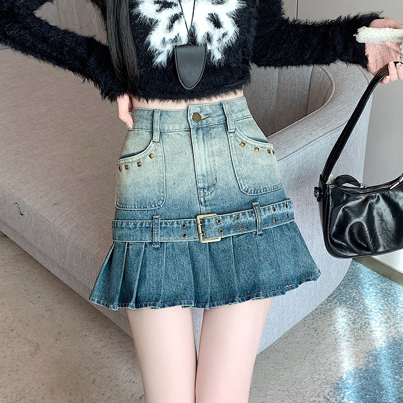 A-line short retro denim skirt pleated spicegirl skirt