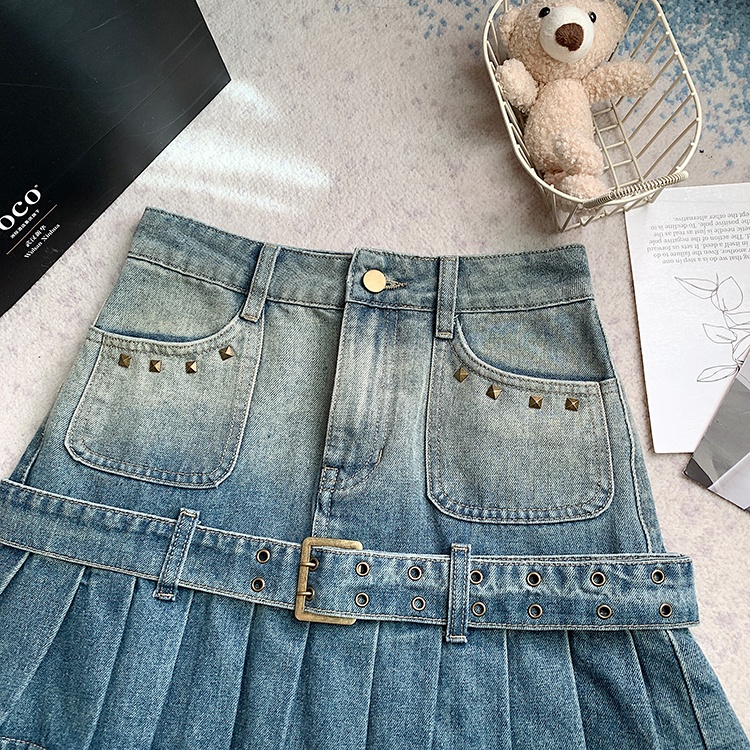 A-line short retro denim skirt pleated spicegirl skirt