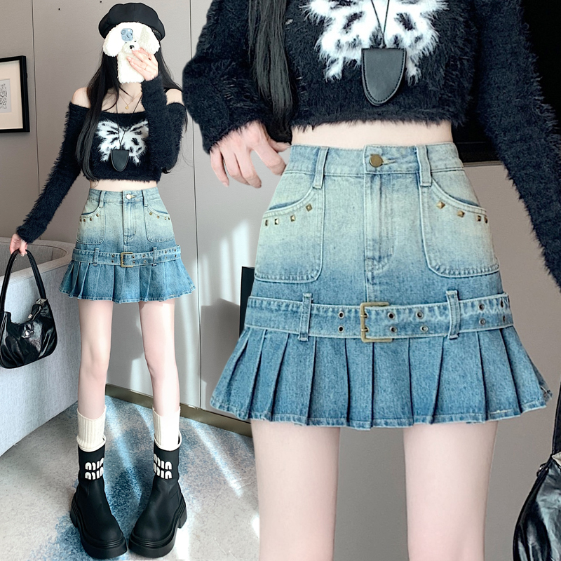 A-line short retro denim skirt pleated spicegirl skirt