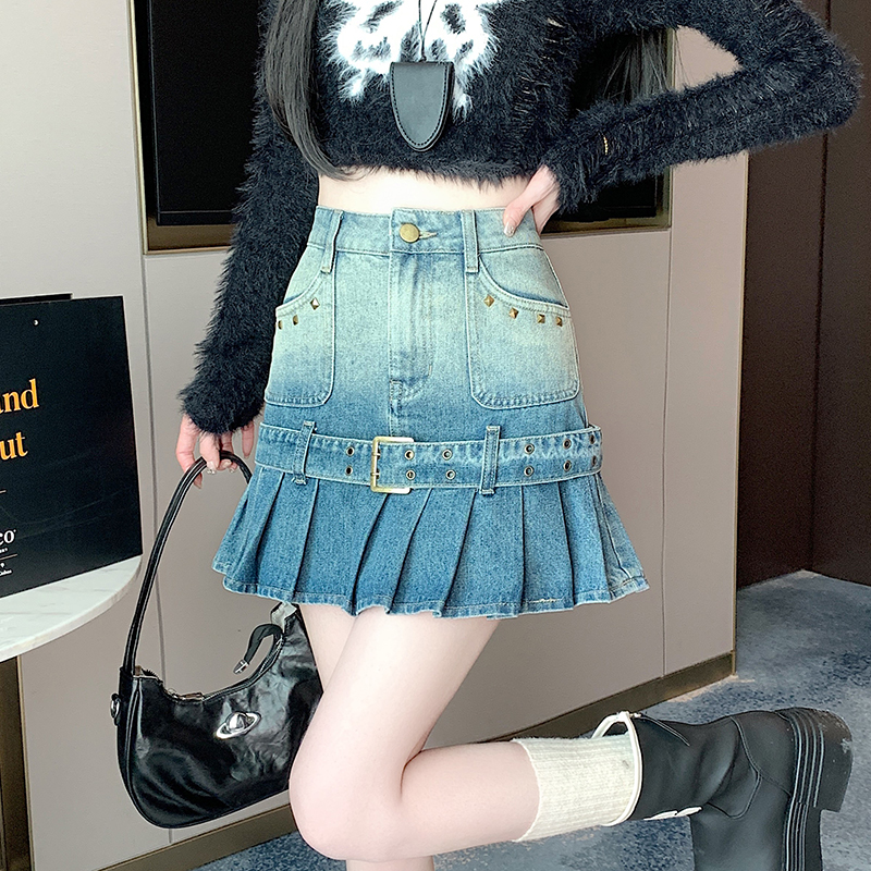 A-line short retro denim skirt pleated spicegirl skirt