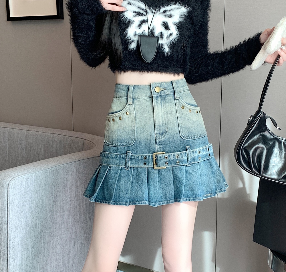 A-line short retro denim skirt pleated spicegirl skirt