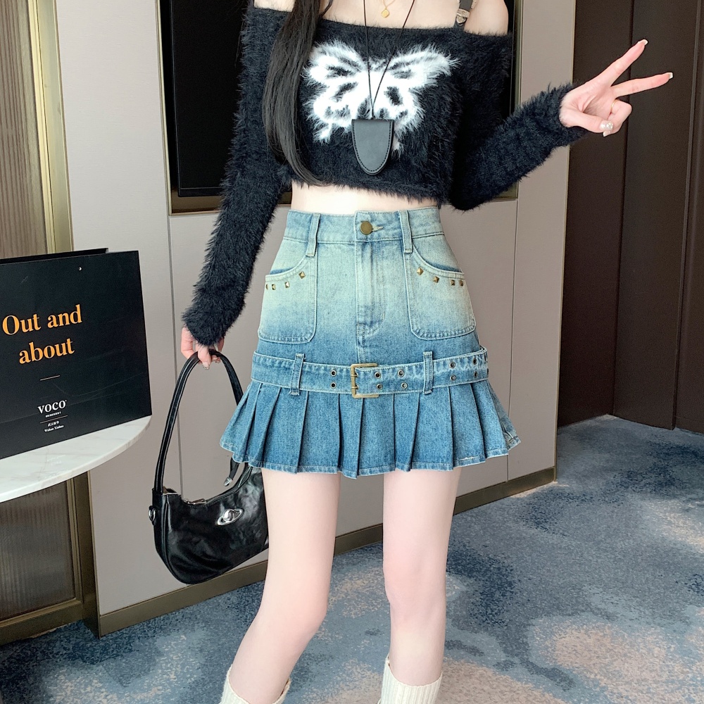 A-line short retro denim skirt pleated spicegirl skirt